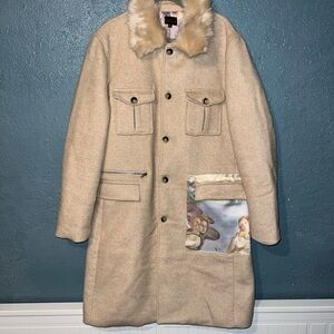Gala Women's Beige Herringbone Fur Collar Military Coat